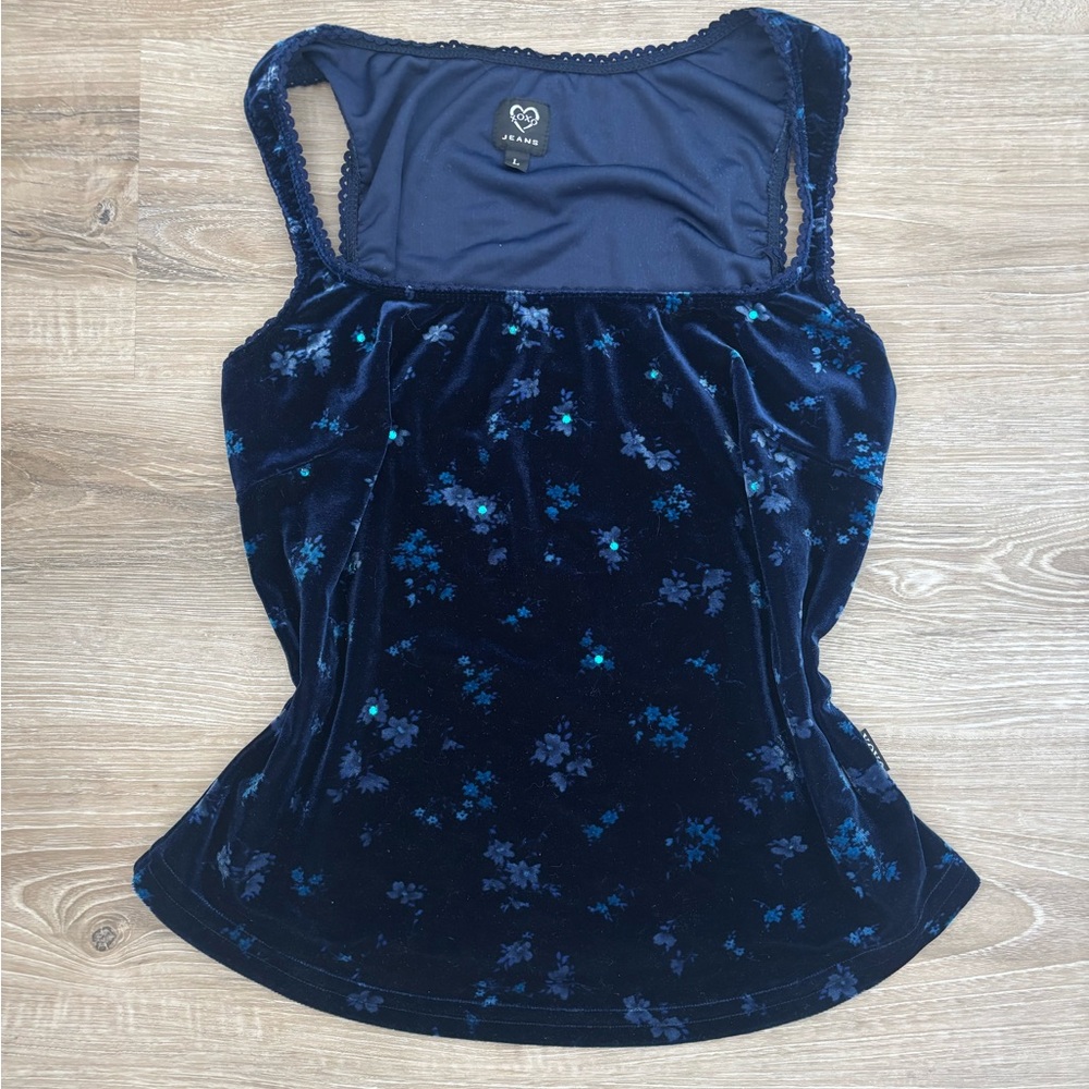 Vintage Y2K XOXO Navy Blue Floral Velvet Sequins Sleeveless Tank Top Square Neck